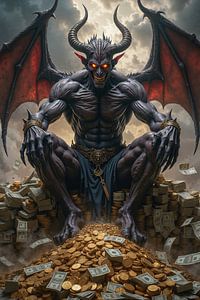 Dark Fantasy Wandbild: AURAKRON – Der Teufel thront auf einem Berg aus Geld und Gold