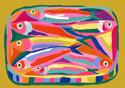 Illustration of colourful tinned sardines by Niklas Maximilian