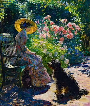 Frau sitzt mit Hund auf Sofa von Egon Zitter