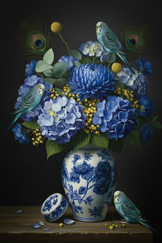 Stilleven met parkieten en Delftsblauwe vaas