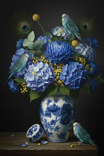 Stilleben mit Sittichen und Delfter Blau Vase von By Marjolein Design