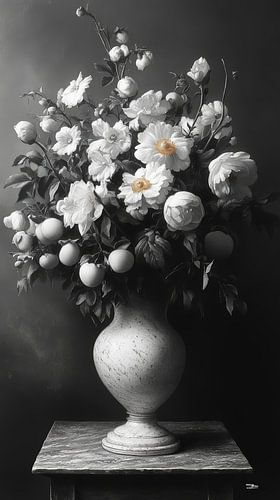 zwart wit stilleven van bloemen en fruit in een extreem dramatisch licht
