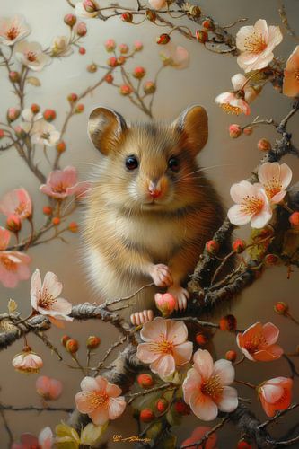 Spring in Bloom - Mouse on a Blossom Branch by Eva Lee