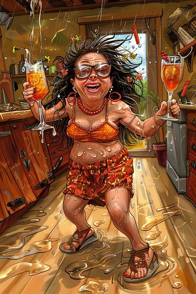 komisch schilderachtig portret vrouw in bar van Egon Zitter