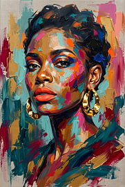 Portrait d'une femme en impasto aux couleurs vives, rehaussé de touches dorées sur Zala Creative