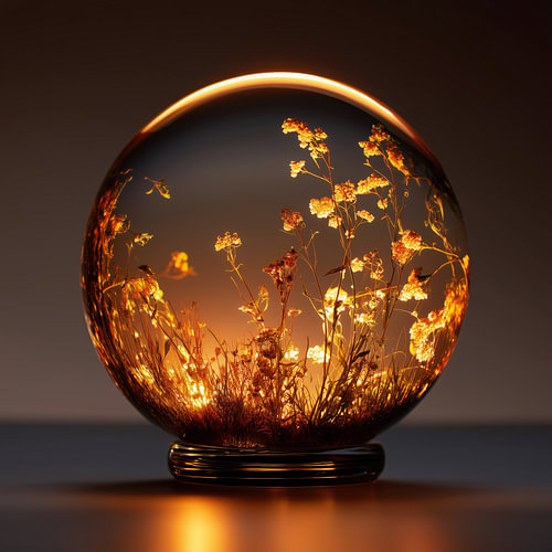Gouden veldbloemen met warm licht in glazen bol