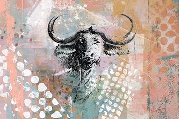 Gekleurd mixed media kunstwerk van een buffel met stoere hoorns van Emiel de Lange