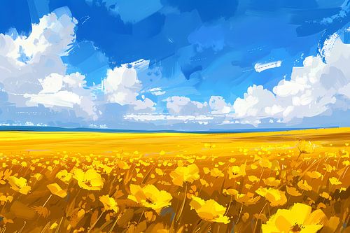 Schilderij van bloemenveld onder blauwe lucht