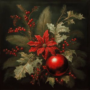 Weihnachtsstrauß mit rotem Weihnachtsstern und roter Kugel