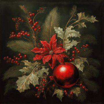 Weihnachtsstrauß mit rotem Weihnachtsstern und roter Kugel