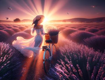 Vrouw genietend van de zonsopkomst in een veld met lavendel bloemen van Eye on You