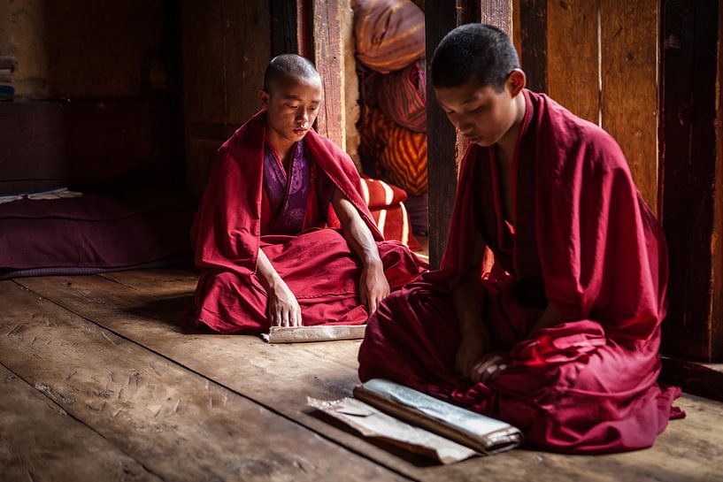 Young monks in prayer room in Dzong of Trongsa Bhutan. Wout Kok One2expose by Wout Kok