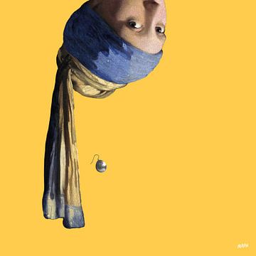 Vermeer Meisje met de Parel Ondersteboven - popart okergeel van Miauw webshop