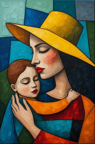 Modern kubistisch schilderij van moeder en kind – Textuurrijke hedendaagse olieverfkunst