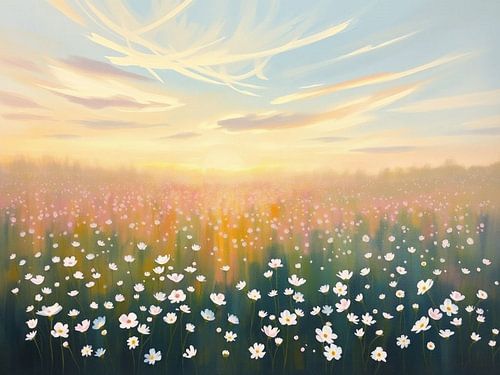 Golden Hour Meadow: een sereen veld met witte kosmos bij zonsondergang