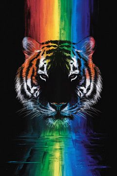 Majestueuze tijger met regenboogkleuren van De Muurdecoratie