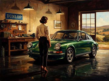 Grüner Porsche 911 in nostalgischer Garagenszene