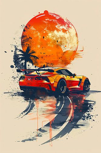 Voiture rapide au coucher du soleil