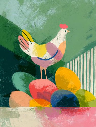 A playful chicken on colourful eggs by But First Framing