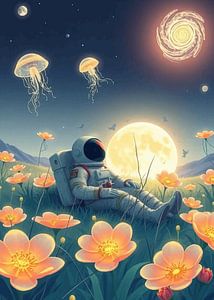 Astronaut im Blumenfeld