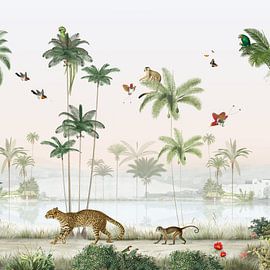 Tropical jungle with palm trees and exotic animals square by Mrdododesign