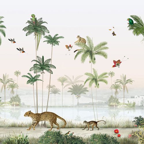 Tropische jungle met palmbomen en exotische dieren