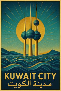 Affiche vintage de la ville de Koweït - Tours emblématiques de Koweït &amp ; Gulf Art