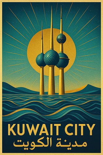 Koeweit Stad Vintage Poster - Iconische Koeweit Torens & Golf Kunst