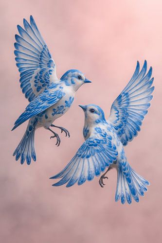 Danse bleue de Delft - oiseaux en porcelaine en mouvement
