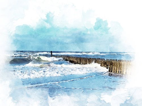 Aquarelschilderij van paalhoofd, strand en zee aan de kust van Domburg, Zeealand