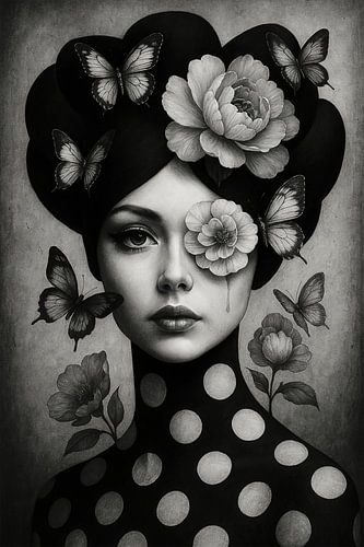 Zwart-wit surrealistisch portret met bloemen en vlinders