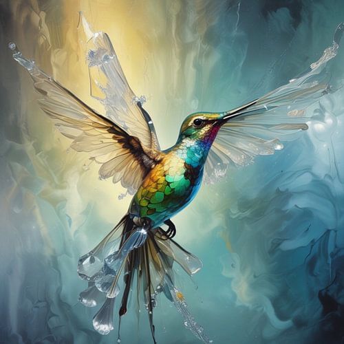 Hummingbird | An extraordinary work of a flying hummingbird in shades of blue, turquoise and soft yellow
