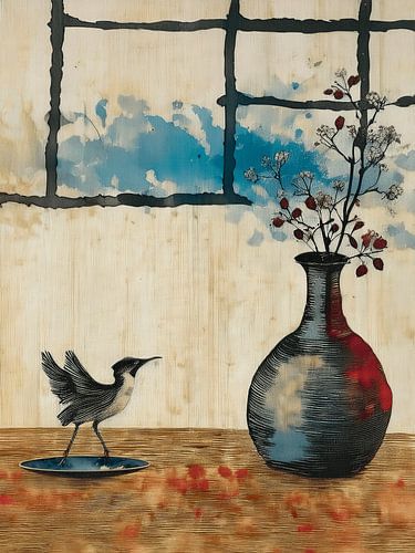 Nature morte Wabi-Sabi : oiseau près d'un vase japonais orné de baies