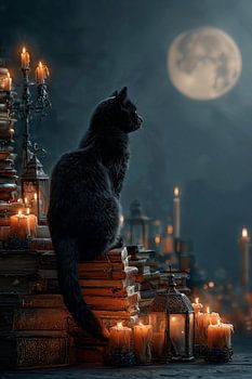Zwarte kat bij kaarslicht en maanlicht