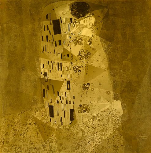 Geïnspireerd op de Kus van Gustav Klimt, in goud met geometrische vormen.