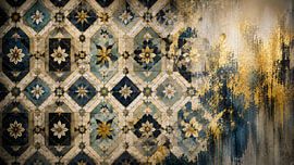 Abstraktes Kunstwerk mit historischen Fliesenmustern in Blau und Gold im eleganten Hotelstil