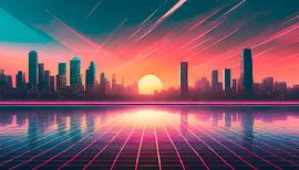 Retro zonsondergang met stad