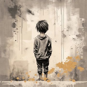 Wabi-Sabi Boy : Peinture inspirée de Banksy en haute définition avec des tons neutres sur Dream Designs art work