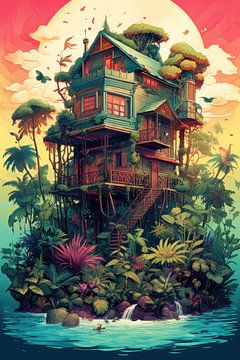 Strange bizarre island with tropical flowers and the sea by Art Bizarre