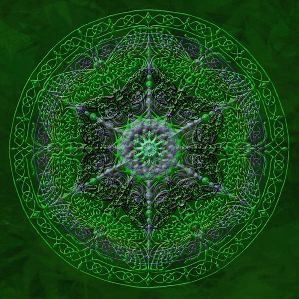 Mandala, grün, mit hochgezogenen Linien von Rietje Bulthuis