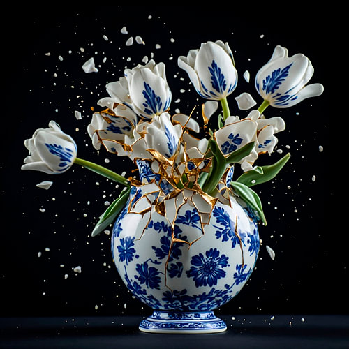 Eine Delft-Blau-Vase im Fine-Art-Stil mit weißen Tulpen, in Scherben.