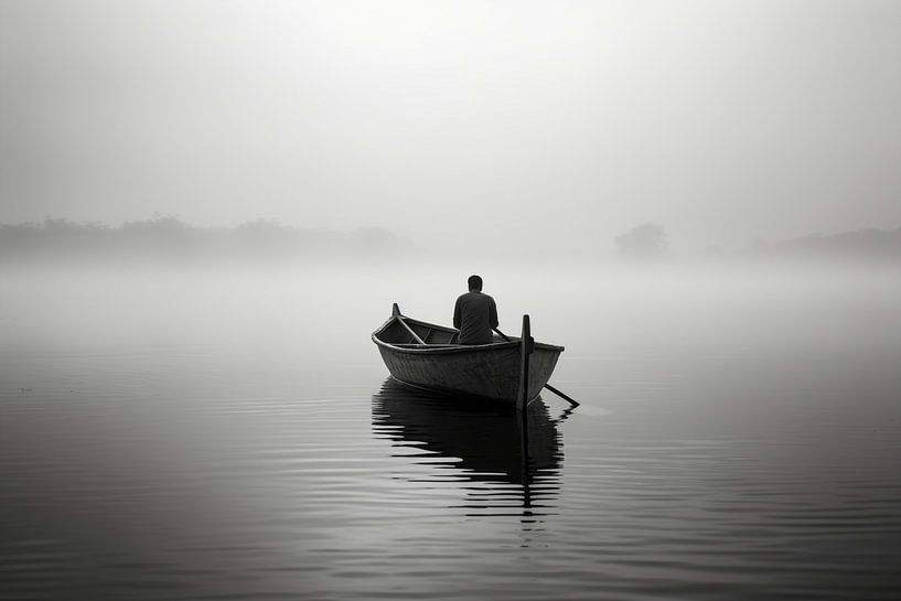 Ein Schwarz-Weiß-Foto eines Mannes in einem Boot auf dem See von Animaflora PicsStock