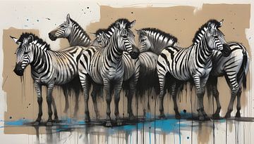 Safari-schets met zebra's aan de oever van de rivier van Wolfsee