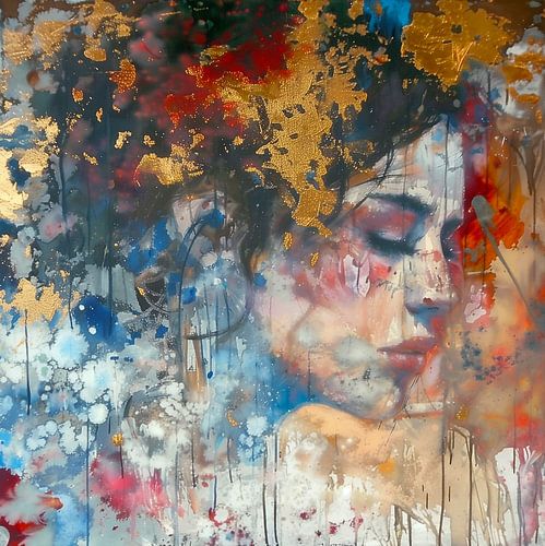 Portrait rêveur d'une femme dans une abstraction colorée