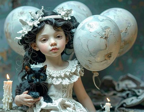 Meisje met kat en ballonnen...