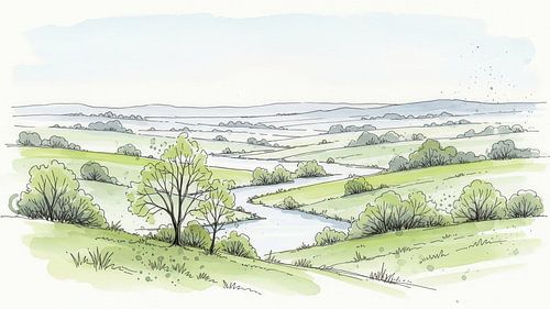 Aquarellandschap met rivier, velden en verre heuvels