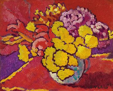 Gele bloemen, rode draperie, Louis Valtat