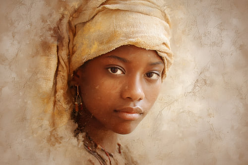 African woman in soft sepia wearing a headscarf