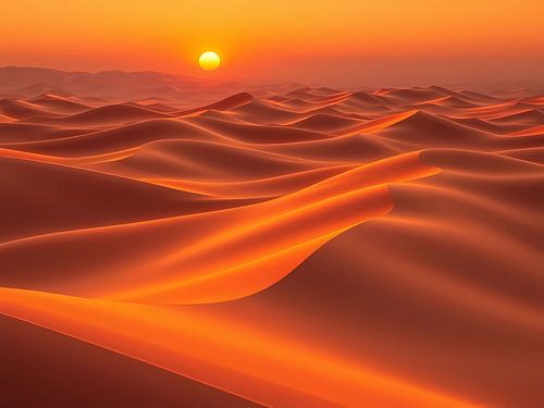 Sereniteit op het gouden uur: Een adembenemende zonsondergang boven de golvende zandduinen van de Sahara-woestijn bij Ouargla, Algerije