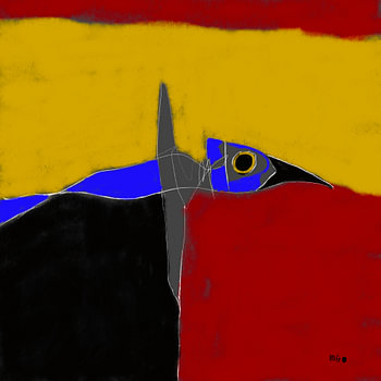 Een blauwe vogel vliegt voorbij